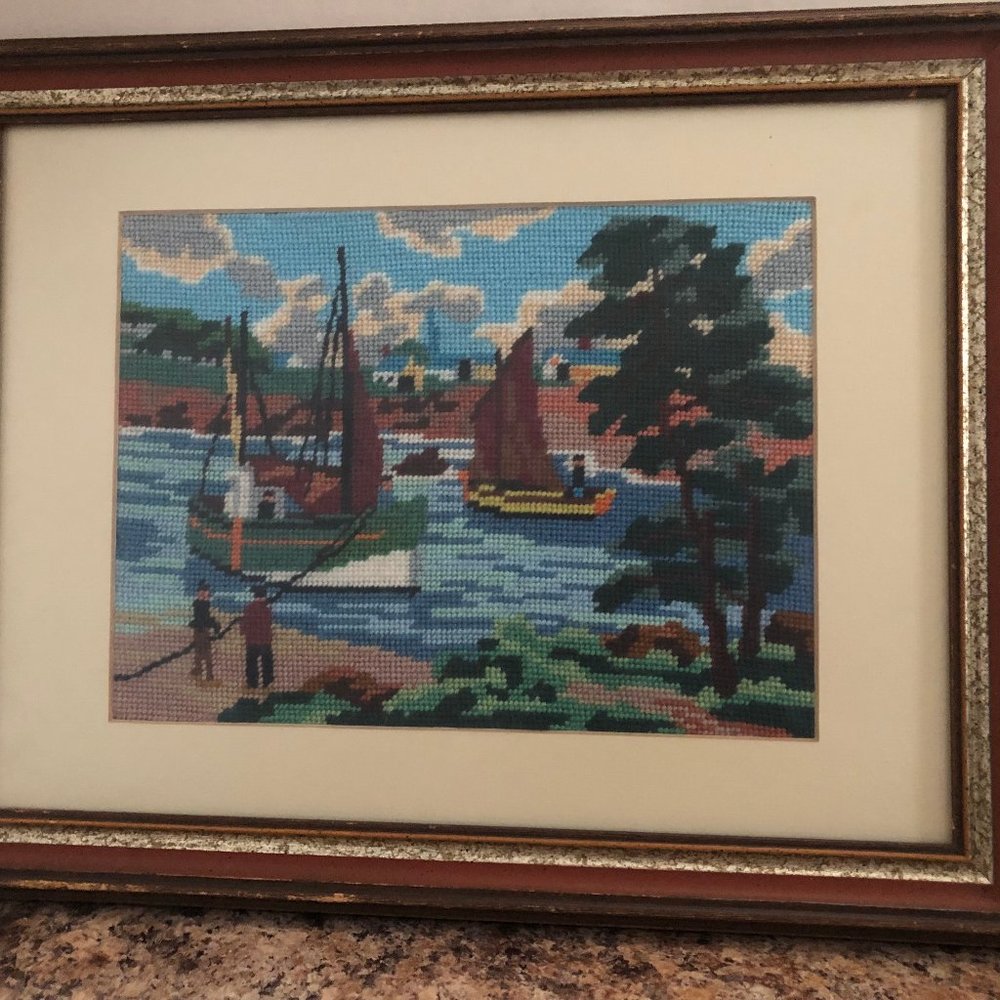 Needlework embroidery yarn art picture boat tree water people landscape